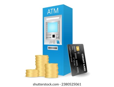 ATM- Automated Teller Machine with Flying Cash Money, Coins and Credit Card. Saving and Investment Concept. Vector Illustration. 