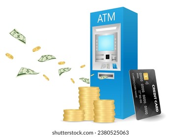 ATM- Automated Teller Machine with Flying Cash Money, Coins and Credit Card. Saving and Investment Concept. Vector Illustration. 