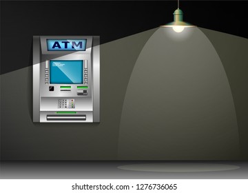 ATM - Automated teller machine. Gray wall. Metal lantern. High detail. 3D