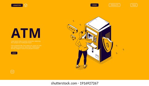 Atm, automated teller machine isometric landing page. Woman enter password for operation or money withdraw. Banking terminal for finance service and currency transaction. 3d vector line art web banner