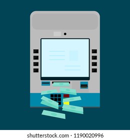 ATM ; automated teller machine with money; financial  banking security technology concept. vector illustration