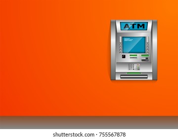 ATM - Automated teller machine. Orange wall. Metal construction. High detail. 3D