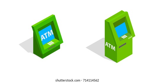 ATM - Automated teller machine set in isometric 3d style isolated on white background. ATM vector icons illustration