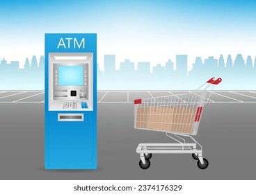 ATM- Automated Teller Machine with Shopping Cart in Parking Lot at Shopping Mall. Vector Illustration.  