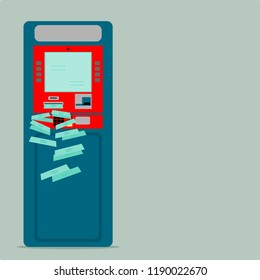 ATM; Automated teller machine with  spilling out banknotes; banking security management concept. vector illustration