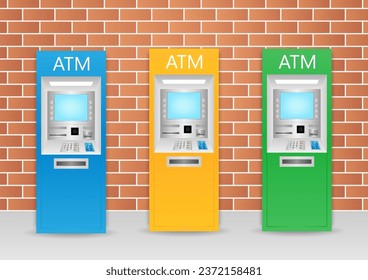 ATM- Automated Teller Machine. ATM Machine standing near the Wall. Vector Illustration. 