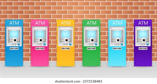ATM- Automated Teller Machine. ATM Machine standing near the Wall. Vector Illustration. 