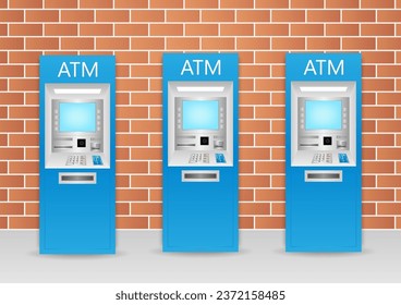 ATM- Automated Teller Machine. ATM Machine standing near the Wall. Vector Illustration. 