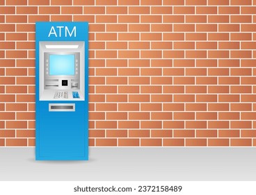 ATM- Automated Teller Machine. ATM Machine standing near the Wall. Vector Illustration. 