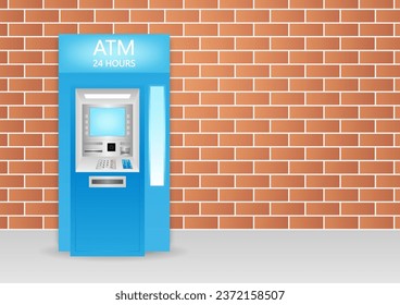 ATM- Automated Teller Machine. ATM Machine standing near the Wall. Vector Illustration. 