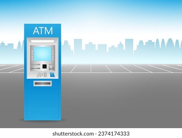 ATM- Automated Teller Machine Standing at Parking Lot in the City. Vector Illustration. 