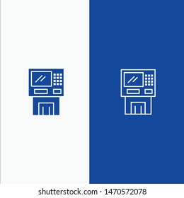 Atm, Bank, Cash, Cashpoint, Dispenser, Finance, Machine, Money Line and Glyph Solid icon Blue banner Line and Glyph Solid icon Blue banner. Vector Icon Template background