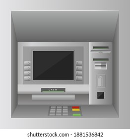 Atm bank cash machine 3d vector illustration. Realistic front view of atm street kiosk with screen, keypad and slots for banknote money, credit card, bankomat finance service on wall background