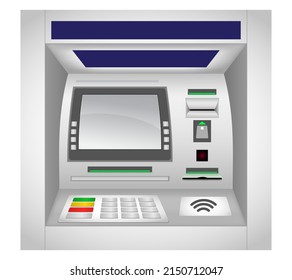 atm bank cash machine with interface, keypad, slot for card and currency or cash machine for bank customer. 