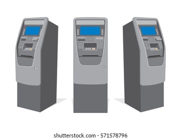 ATM bank cash machine on white background. Set of ATM machines from different sides. Isolated vector illustration