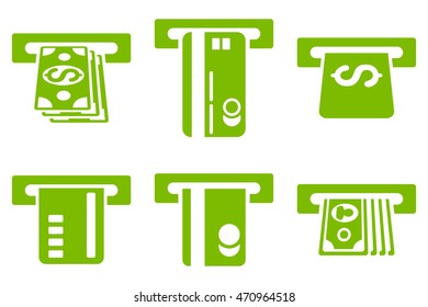 ATM Bank Cashout vector icons. Pictogram style is eco green flat icons with rounded angles on a white background.