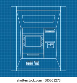 ATM. Bank machine. Automated Teller Machine. Vector illustration on Blueprint Background.