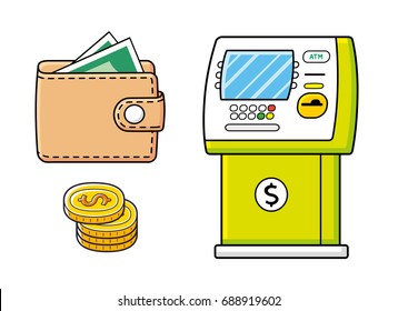 ATM bank machine, wallet with cash, coins stack isolated. Money payment, transfer, withdrawal.