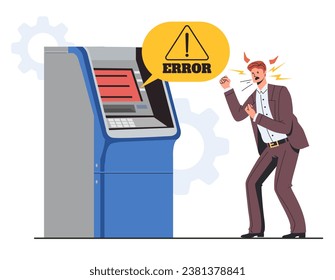 ATM bank terminal machine error account and angry people concept. Vector flat graphic design illustration