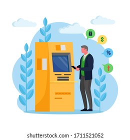ATM bank terminal. Man customer standing near credit card reader machine and withdraw money. Vector cartoon design