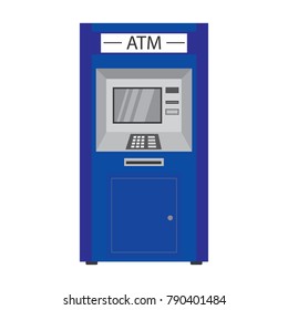 ATM bank terminal,blue auto teller machine, isolated on white background,flat vector illustration