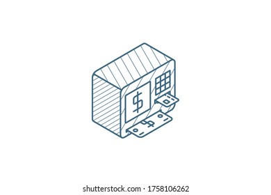 ATM banking dispensing cash dollar.  Money card finance concept, isometric icon. 3d vector illustration. Isolated line art technical drawing. Editable stroke