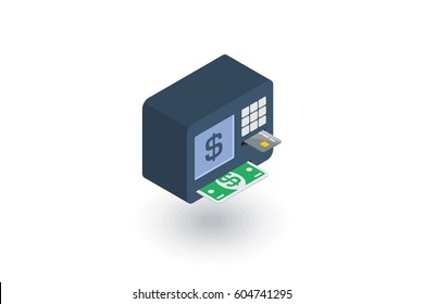 ATM, banking, dollar cash, card money, finance isometric flat icon. 3d vector colorful illustration. Pictogram isolated on white background