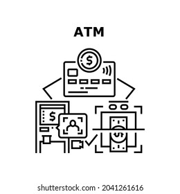 Atm Banking Machine Vector Icon Concept. Atm Banking Machine For Identification Bank Client And Withdraw Money Cash From Credit Card. Electronic Financial Equipment Black Illustration