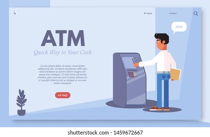 ATM, banking service landing page vector template. Finances management website interface idea with flat illustrations. Homepage layout. Money withdrawal, transfer web banner cartoon concept