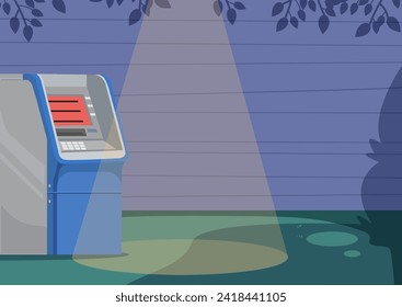 Banca de cajero automático al aire libre por concepto de calle. Ilustración de diseño gráfico de dibujos animados planos vectoriales