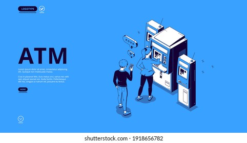 ATM banner. Automated teller machine, terminal for withdraw money cash, transactions and payments. Vector landing page of automatic banking service with isometric people in queue near bankomat