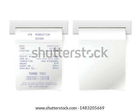 ATM bill in slot vector realistic illustrations set. Blank printed cash receipt mockup 3D isolated cliparts pack. Automated teller machine money withdrawal and transaction paper check design elements