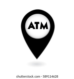 ATM, black vector cash machine map pointer, pin for apps.
