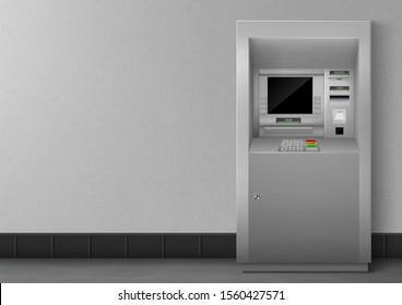 ATM with blank black display. Bank terminal for transaction, withdraw money and deposit to account. Vector illustration of realistic cash machine with copy space for your text.