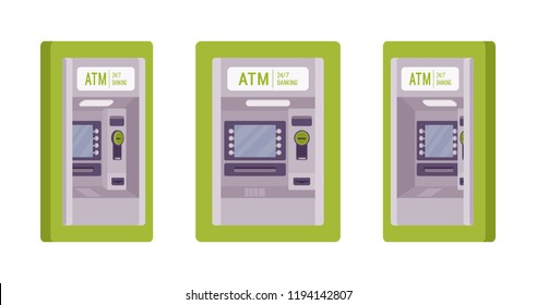 ATM built in a green wall. Automated teller machine, banking service to perform safe financial transactions. Vector flat style cartoon illustration isolated on white background, different views