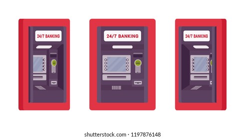 ATM built in a wall, red color. Automated teller machine, banking service to perform safe financial transactions. Vector flat style cartoon illustration isolated on white background, different views