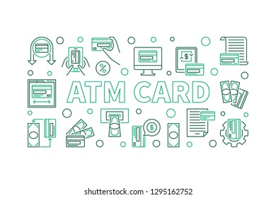 ATM Card concept modern horizontal banner in thin line style. Vector illustration on white background