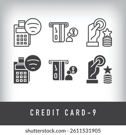 Atm card face recognition, post network and savings account design. Simple linear and flat credit card icon set.