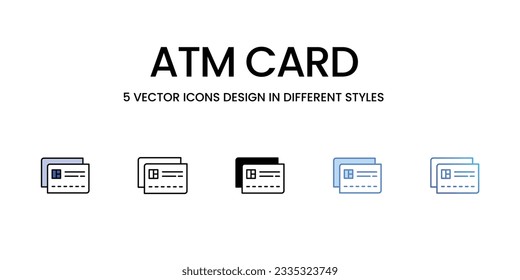 ATM Card Icon Design in Fünf-Stil mit Editable Stroke. Linie, feste, flache Linie, Duo Tone Farbe und Farbverlauf Linie. Geeignet für Webpage, Mobile App, UI, UX und GUI Design.