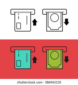 ATM card and money vector icons, cash machine money withdraw, inserting credit card, electronic exchange, thin line flat icons, outline linear pictogram isolated on white red background