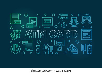 ATM Card outline colored horizontal banner. Vector illustration on dark background