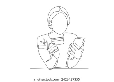 ATM card transaction held by woman. Internet banking one-line drawing