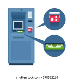 ATM, cash, blue, flat, vector