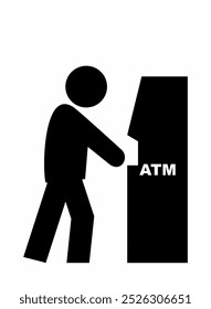 ATM, cash dispenser, automated teller machine, a person withdraws or deposits money, black icon, symbol