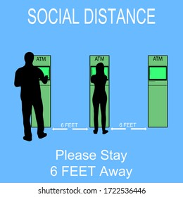 ATM cash dispenser pictures with silhouettes of people, people to stand 6 feet apart, the practices put in place to enforce social distancing,concept safety novel coronavirus 2019, vector illustration