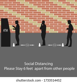 ATM cash dispenser pictures with silhouettes of people, people to stand 6 feet apart, the practices put in place to enforce social distancing,concept safety novel coronavirus 2019, vector illustration