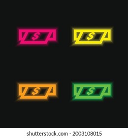 ATM Cash Dollars Bill four color glowing neon vector icon