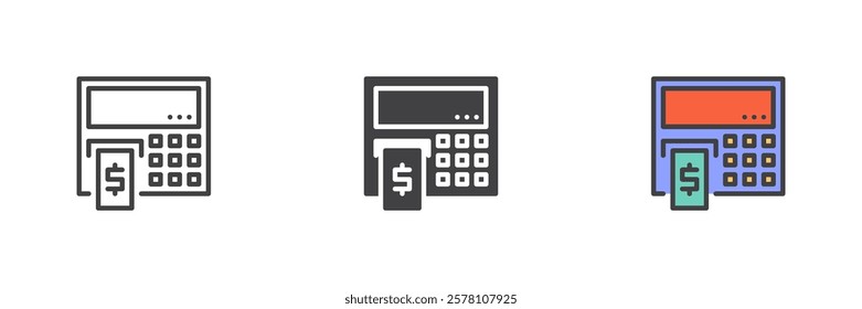 ATM cash machine different style icon set. Line, glyph and filled outline colorful version, outline and filled vector sign. Cash dispenser symbol, logo illustration. Vector graphics