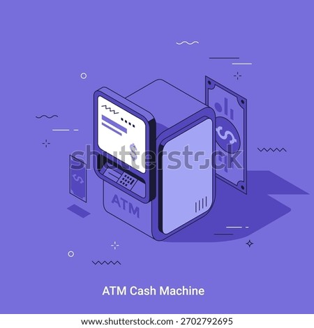 ATM cash machine with dollar bill. Automated teller for banking and financial operations. Transaction payment service concept, isometric vector illustration.