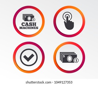 ATM cash machine withdrawal icons. Click here, check PIN number, processing and cash withdrawal symbols. Infographic design buttons. Circle templates. Vector
